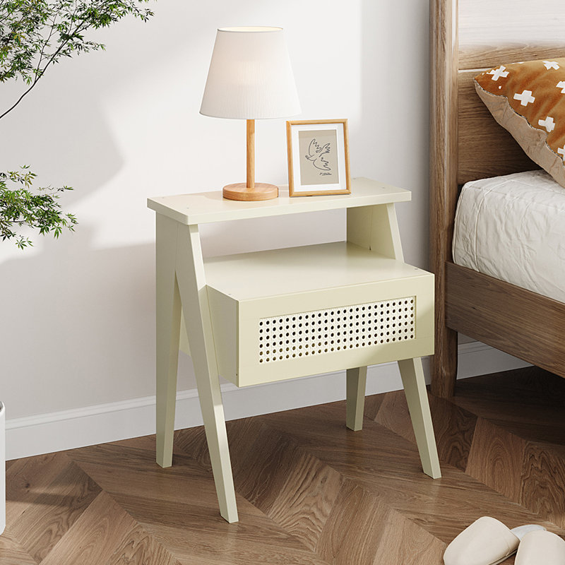 Cream White Nightstand with Faux Rattan Weave & Wood Accents