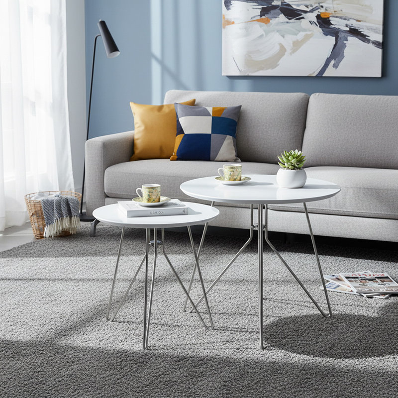 2 - Piece Living Room Table Set, Silver, White