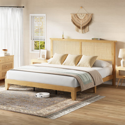 Boho Rattan Bed Frame Queen Size –Natural Rattan Headboard,RGB LED Lights,Sturdy Wood Slats,Ample Underbed Storage,Silent Support,No Box Spring Needed, New structure RGB LED grass and rattan bed QUEEN