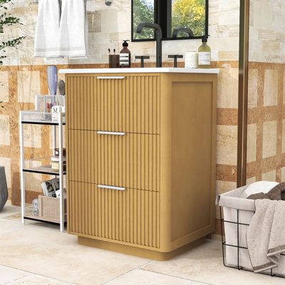 Meuble-lavabo contemporain en bois 24 po avec lavabo en céramique lustré et armoire de rangement à 3 tiroirs
