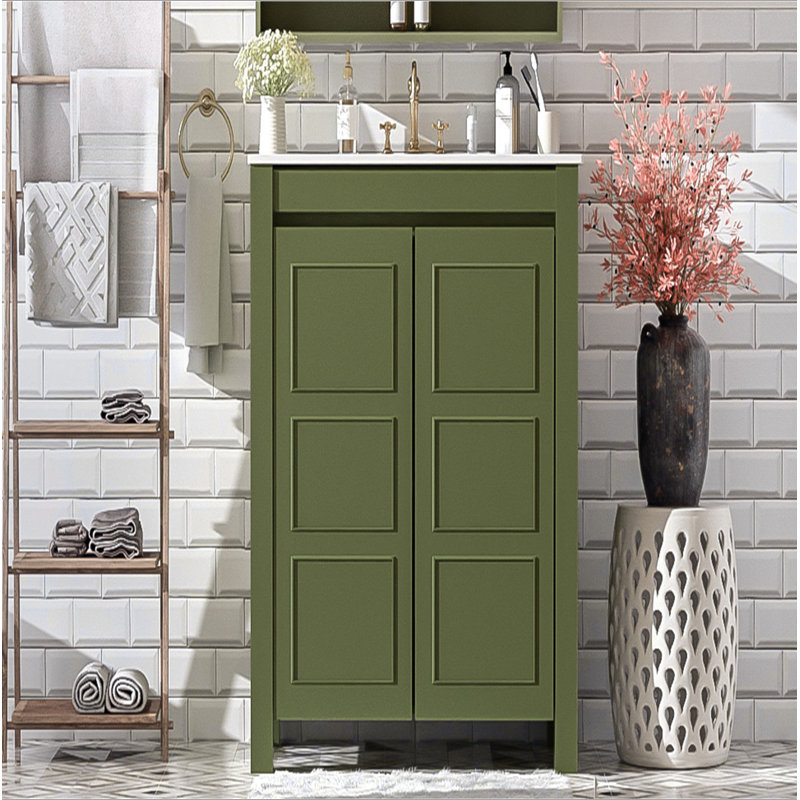 Meuble-lavabo de ferme 30 po avec lavabo en céramique, porte à fermeture en douceur, tablette réglable, armoire de rangement vert olive, structure en bois moderne, conception spacieuse et surface facile à nettoyer