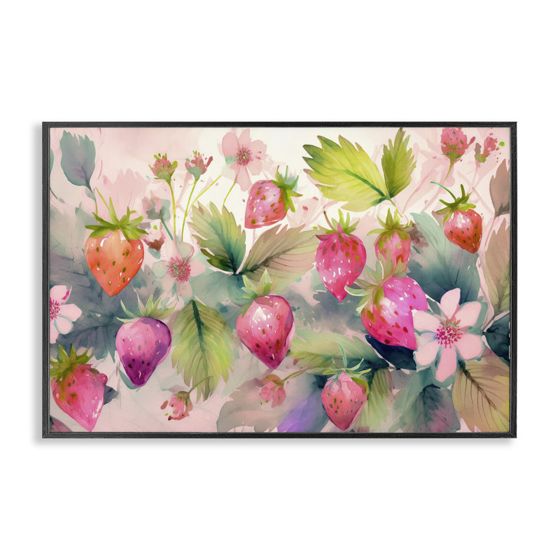  Fraise rose et fleur, art de la giclée par Alina Georgescu, Giclée encadrée noir minuit, H 20 po x l 30 po