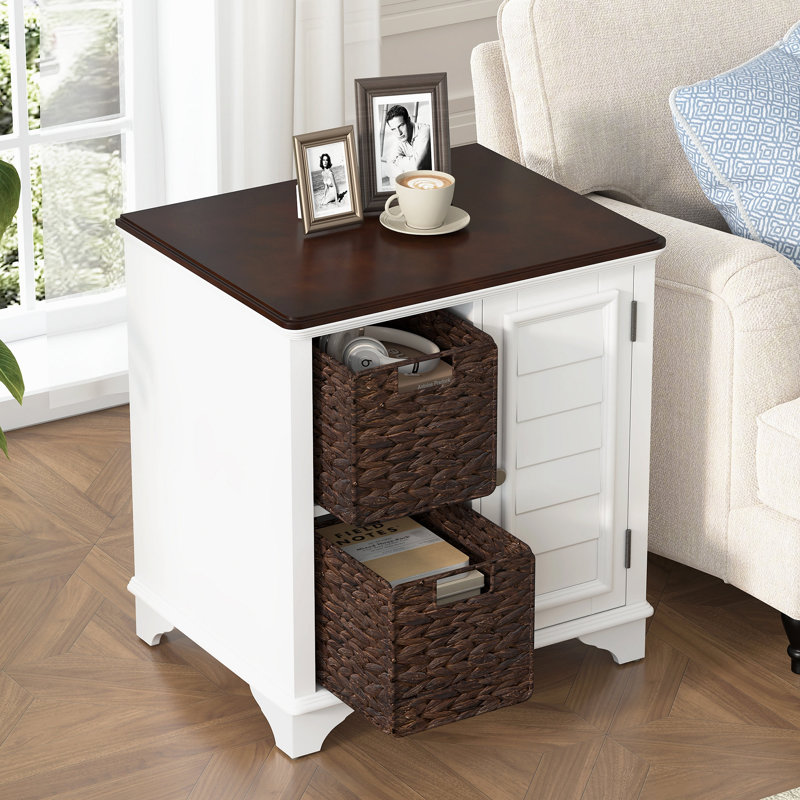 Table d'appoint avec deux volets en gazon tressé, Blanc