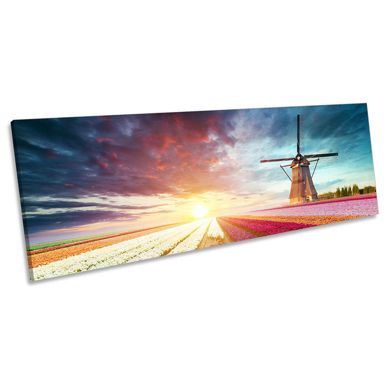 Windmill Sunset Floral Field - Wrapped Canvas Panoramic Print, 30.48cm H x 91.44cm W