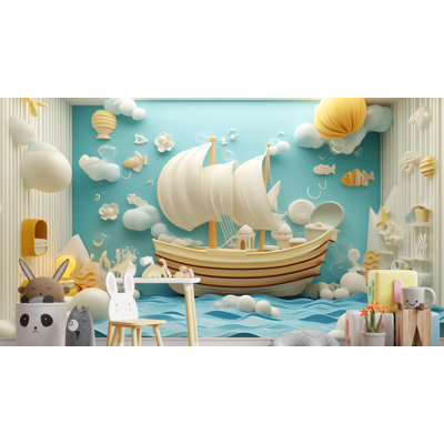 Sailboat Adventure Wall Mural – 3D Ocean Theme Wallpaper For Kids’ Room, Nursery, Or Coastal Decor - Removable Non-Woven