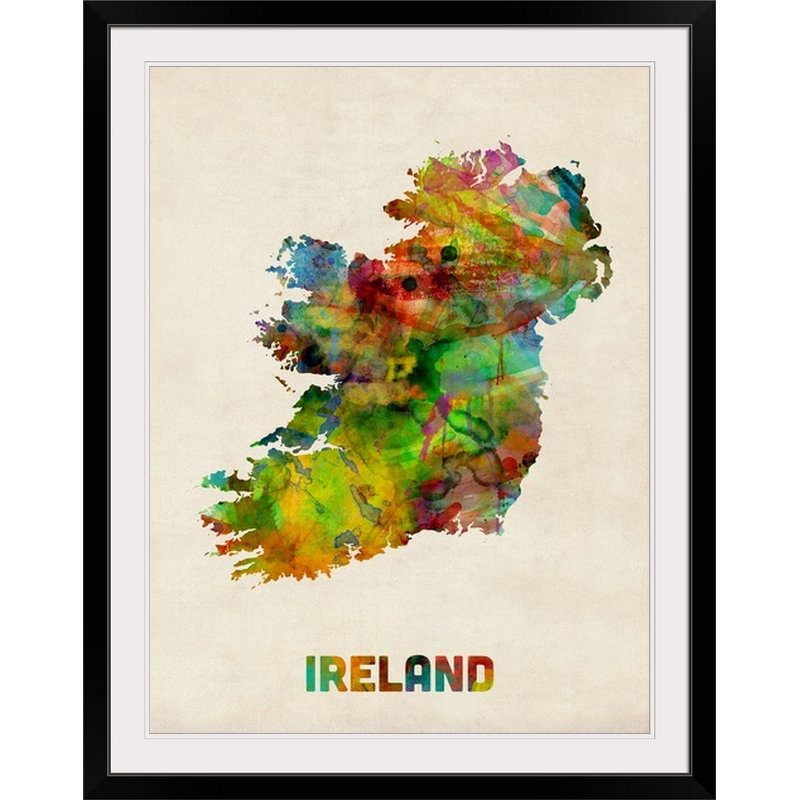 Francy «Ireland Watercolor Map» par Abarca, impression, Cadre noir, H 24 po x l 20 po x P 1 po