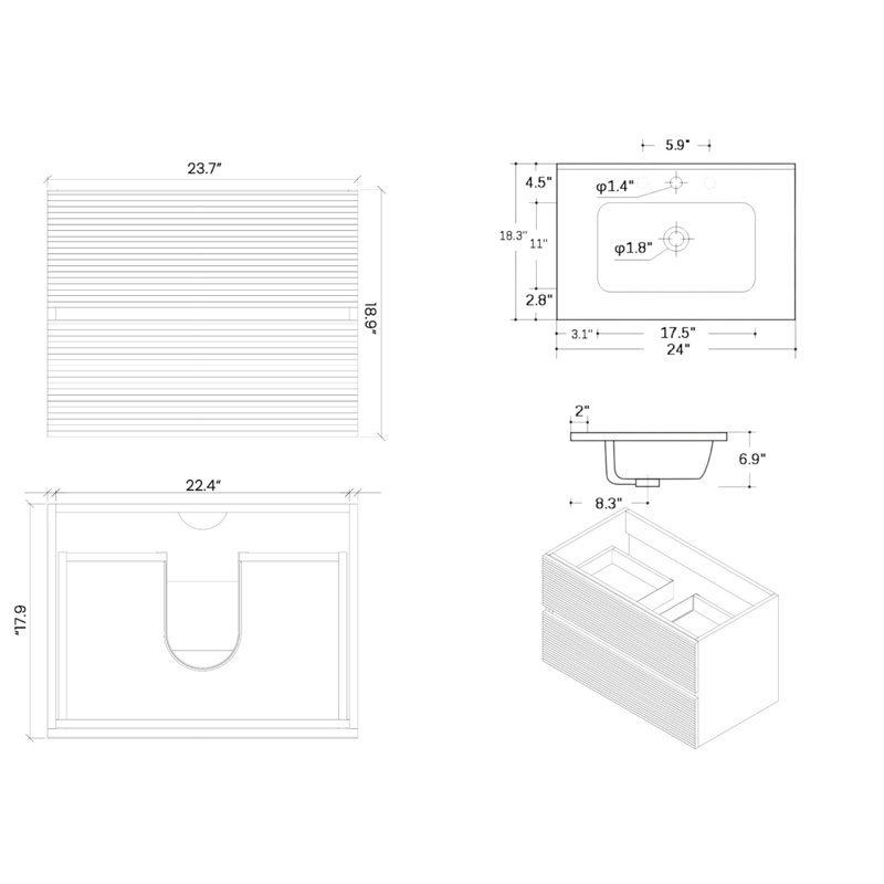 Meuble-lavabo mural simple 24 po avec comptoir en céramique Gloria, Chêne