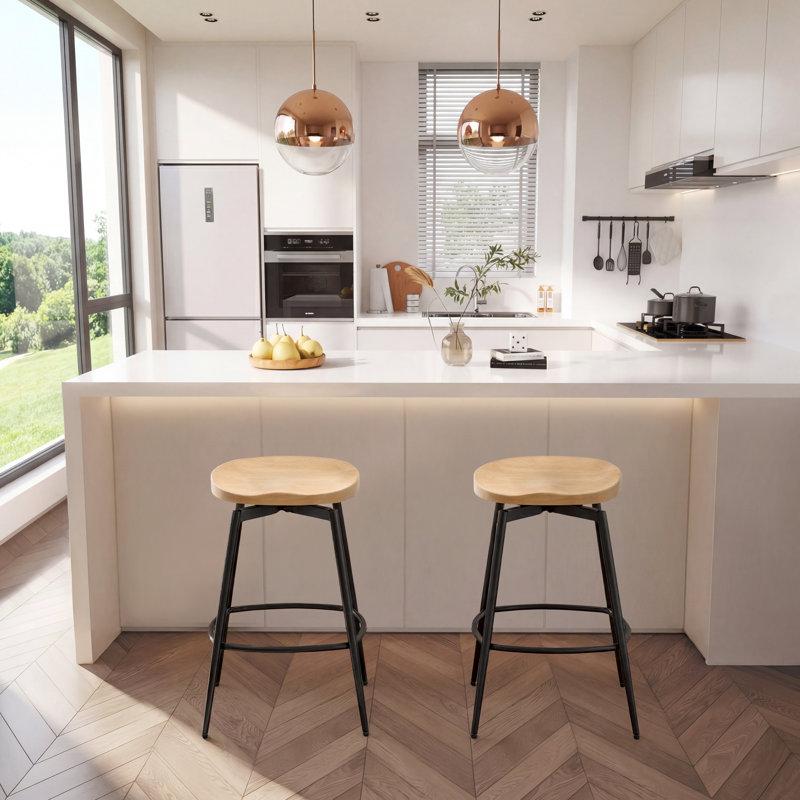 Lennon 24.8"H Industrial Solid Wood Swivel Backless Counter Stools with  Metal Base, Natural Rubberwood