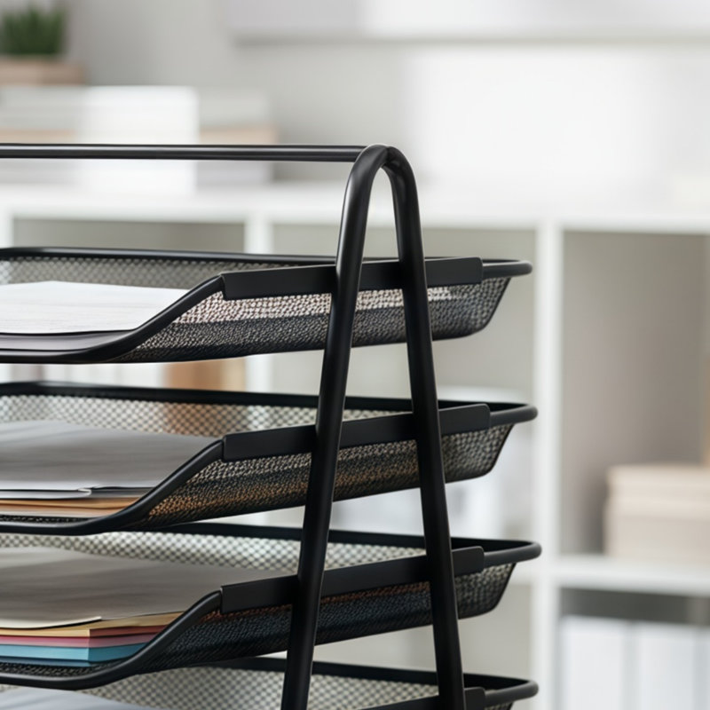Étagère de rangement à cinq niveaux pour fournitures de bureau avec filet en métal noir, pour le rangement de fichiers de bureau.
