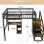Lit mezzanine avec bureau, centre de charge et escalier à trois niveaux, pour les salles de jeux, escalier multi-rangement noir, tablettes, structure en métal, espaces de travail,