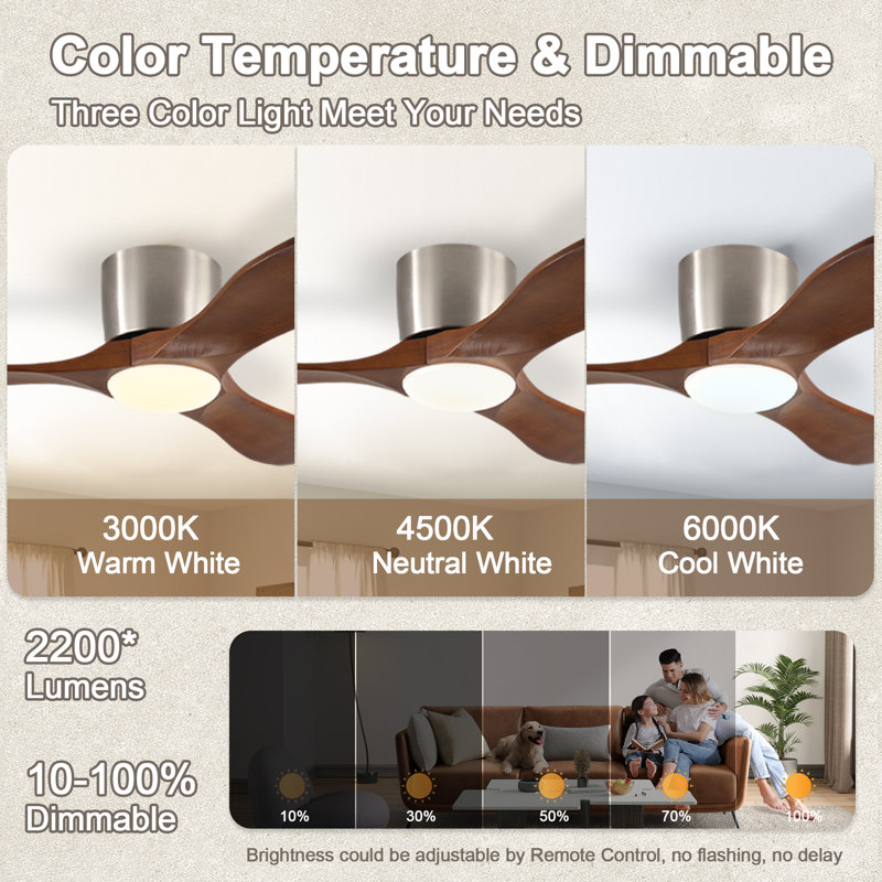 Parzy 52" Flush Mount Ceiling Fan Solid Wood Blades Ceiling Fan With Light With Remote Control