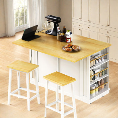 Large Rolling Kitchen Island With Drop Leaf, Power Outlet, Internal Storage Racks, 5 Open Side Racks, 2 Drawers, An Adjustable Shelf by Lark Manor