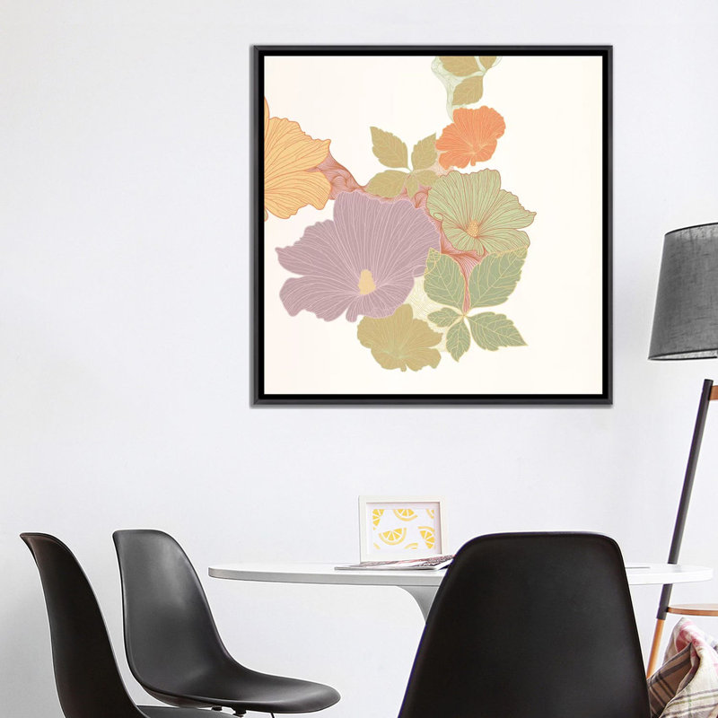 Fleurs et feuilles (multicolore) - Impression d'art graphique, Toile avec cadre noir patiné, Aucun mat
