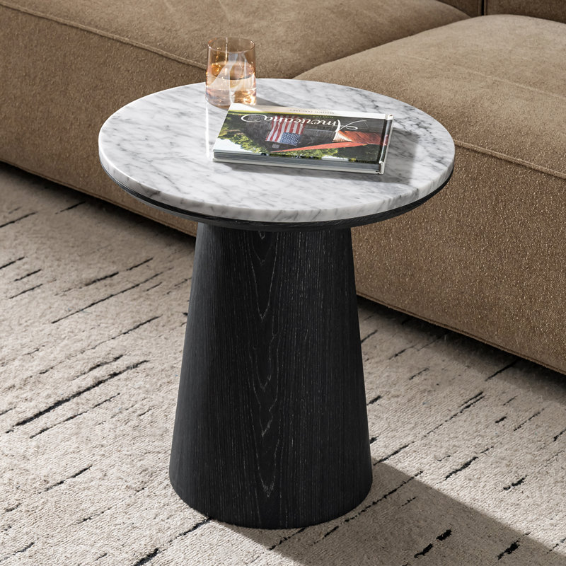 Myconos Modern Round End Table with Genuine Marble Top, Black