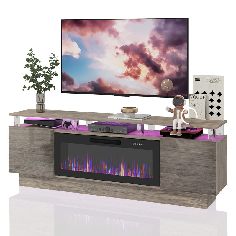 2 Tier High 70" Gloss Tv Stand With Electric Fireplace, Gray/Black
