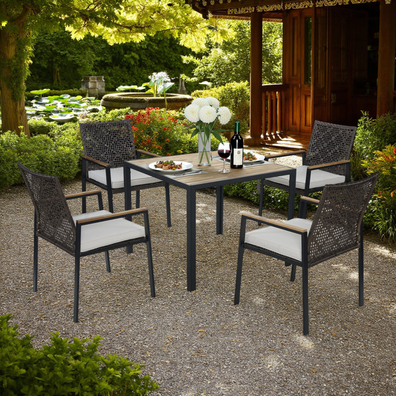 All-Weather 5-Piece Patio Dining Set with Acacia Wood Tabletop & Umbrella Hole, Rattan Outdoor Furniture for Backyard & Garden