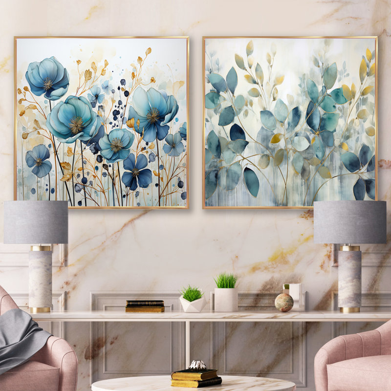 Blue Botanical Rhythms - Ensemble de 2 collages carrés botaniques abstraits, Cadre flottant doré, H 30 po x l 61 po
