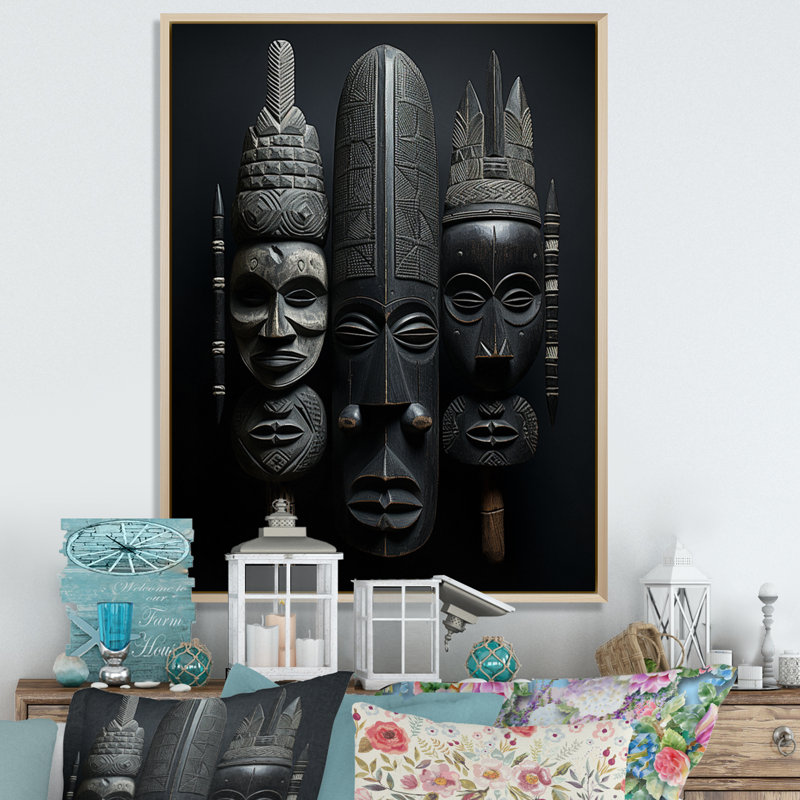 Masque africain sur toile Laesha, H 44 po x l 34 po x P 1,5 po, Cadre flottant érable