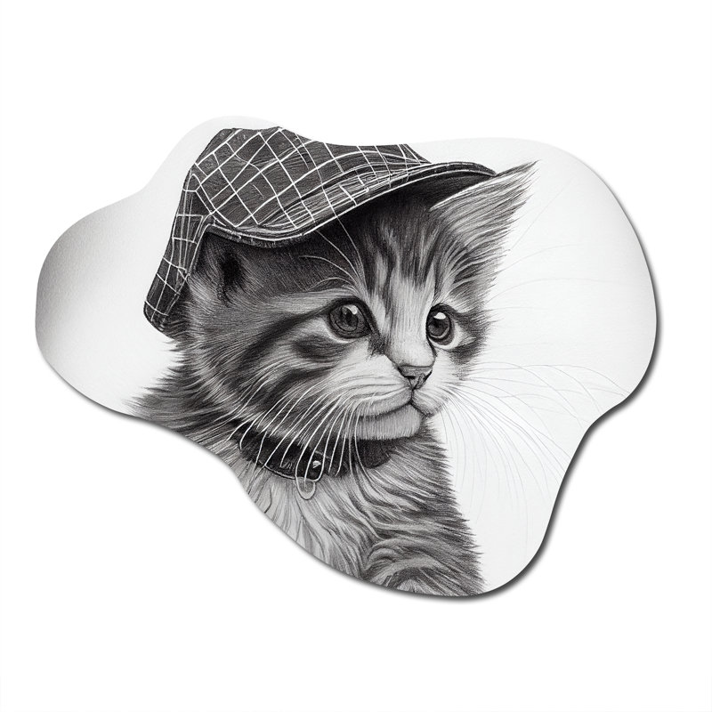 Monchrome, dessin numérique de petit chaton - animaux, forme de nuage en métal, art mural asymétrique, H 25 po x l 28 po