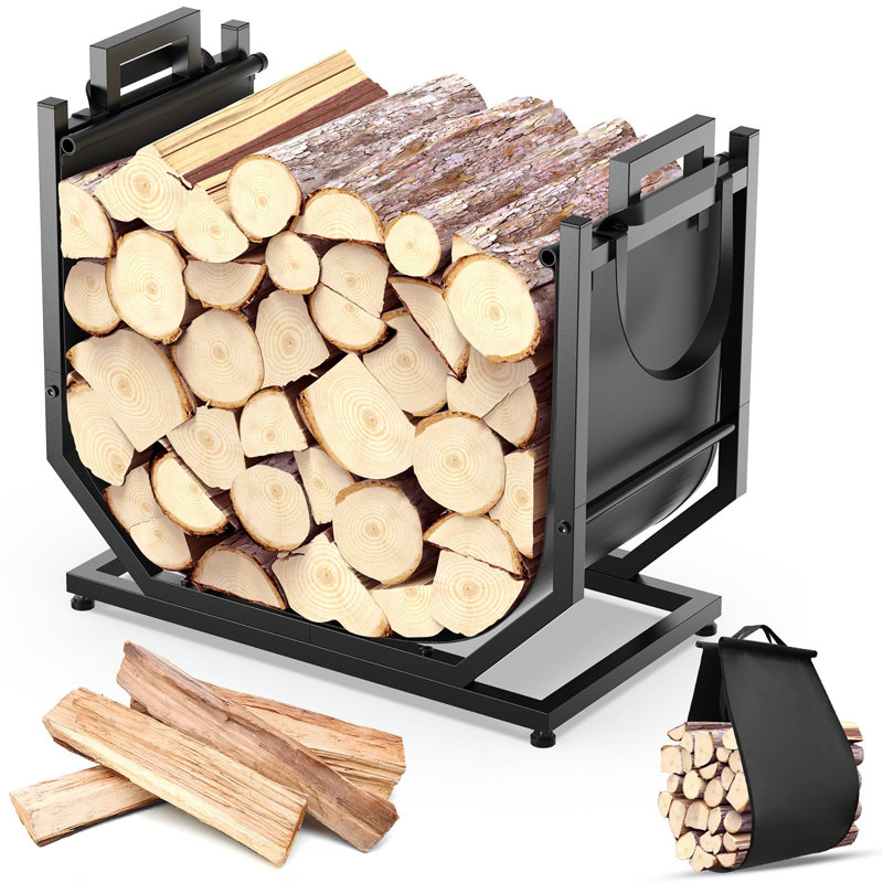 Metal Firewood Rack with Carrier Bag, Indoor Outdoor Log Holder with Adjustable Feet, Black