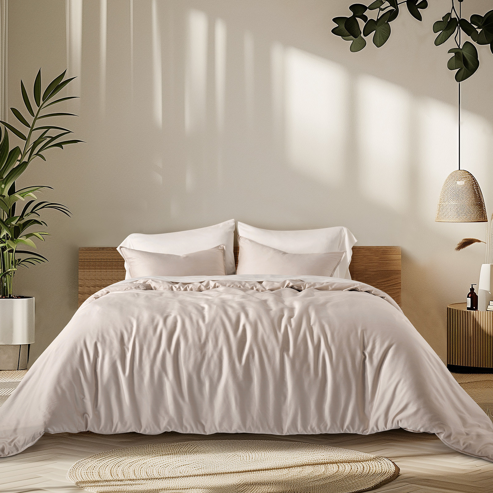 Cotton Tencel Duvet Cover Set, Beige Sand, Queen Duvet Cover + 2 Queen Shams
