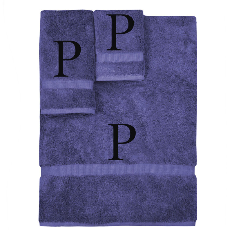 Ensemble de serviettes monogrammées - ensemble de 3 - lettre-bloc, P, Bleu marine / Noir