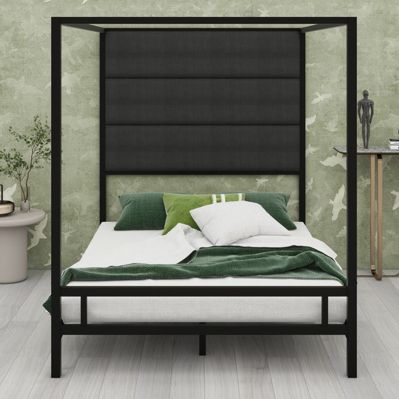 Ensemble de lit à baldaquin contemporain en métal avec tête de lit tapissier en lin, Grand lit, Black,Dark Grey