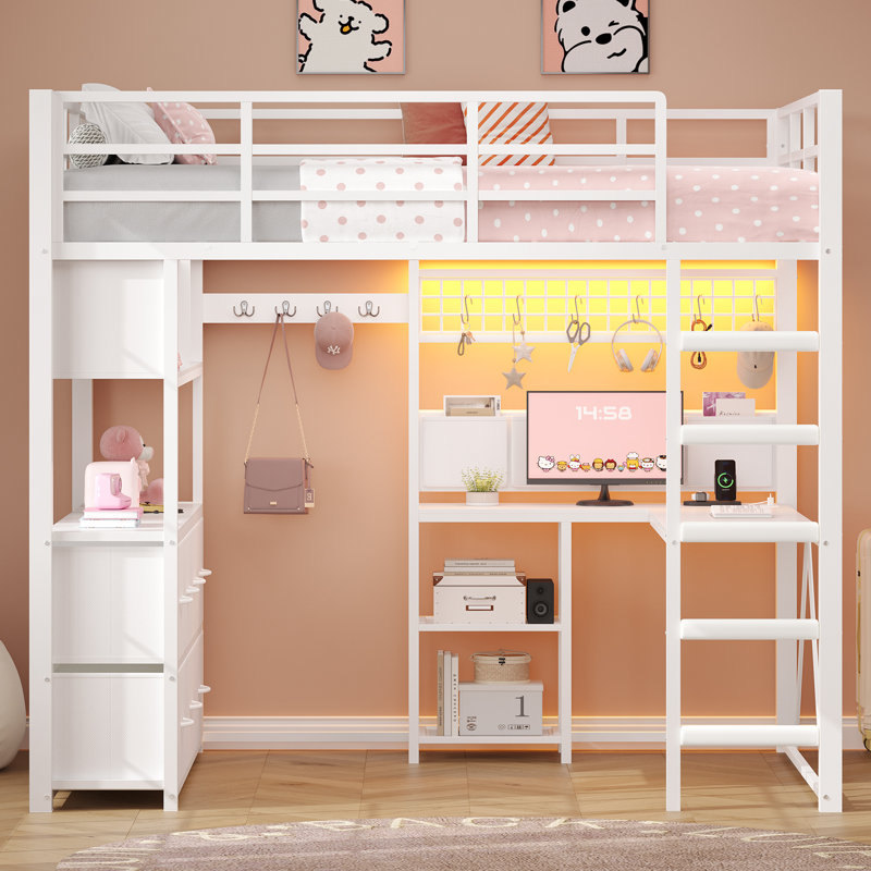 Lit mezzanine double avec 7 tiroirs de rangement, grande bibliothèque à 2 cubes, bureau en L et station de charge, lit mezzanine en métal avec lumières DEL et tablette ouverte, lit avec barrière de sécurité et échelles, gris chêne | Lit mezzanine double 4 en 1