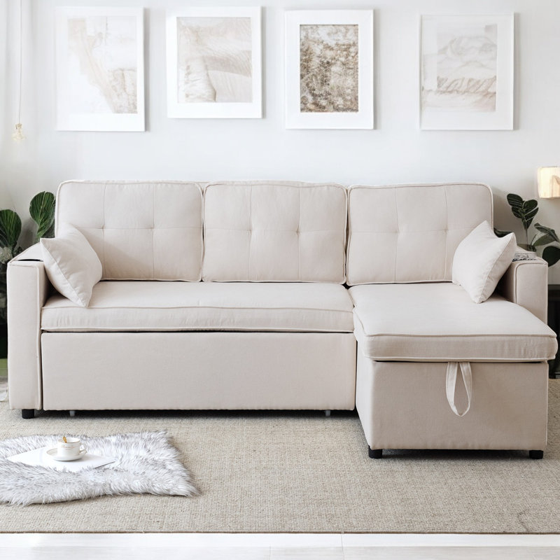 3-In-1 Convertible Sofa Bed With Cup Holders, Pillows And Storage Pocket Pullout Sectional Daybed, Beige