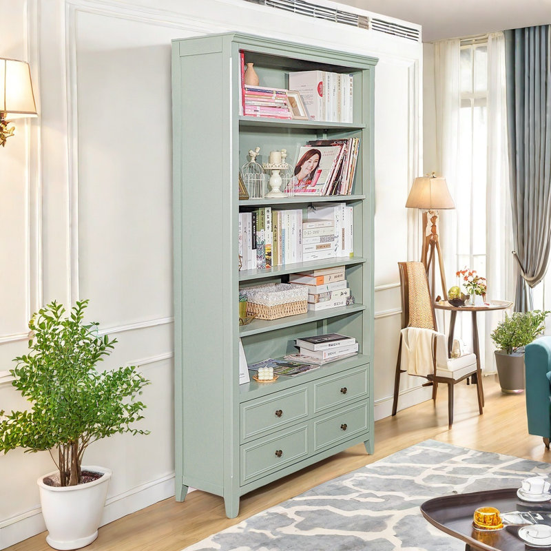 Bibliothèque en bois massif gris-vert rétro, (5 tablettes) H 74,8 po x l 39,4 po x P 12,8 po