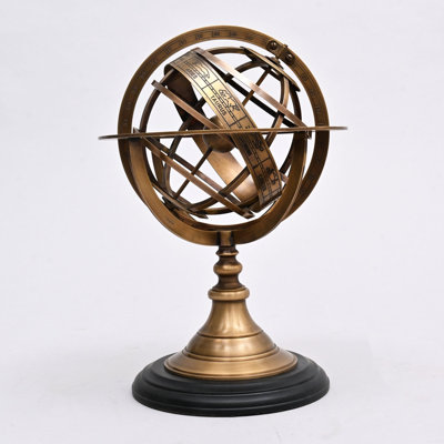 Decorative Brass Armillary Sphere with Wood Base for Desk or Shelf Display