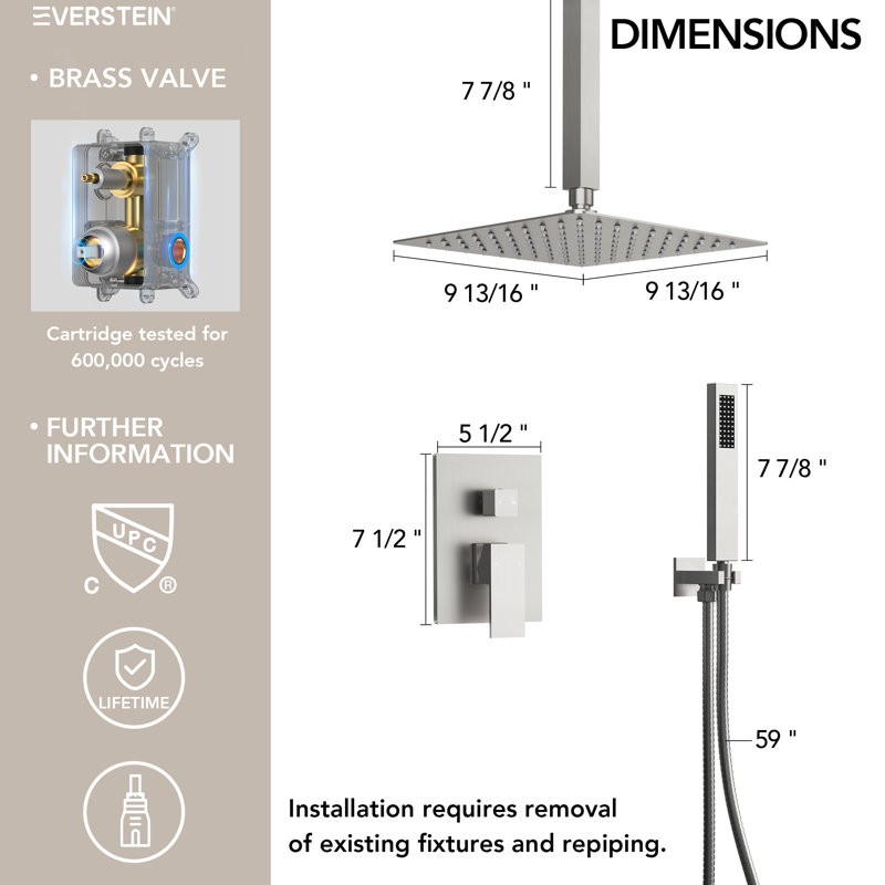 Pressure-Balanced Shower Faucet System, 10" Ceiling-Mount Rainfall Shower Head with Handheld Spray, Brushed Nickel