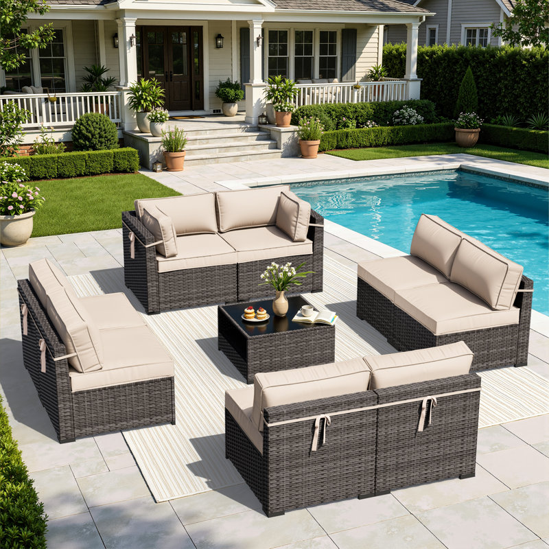 Ensemble de conversation modulaire pour patio en osier 8 personnes Riven avec coussins de soutien épais, Beige