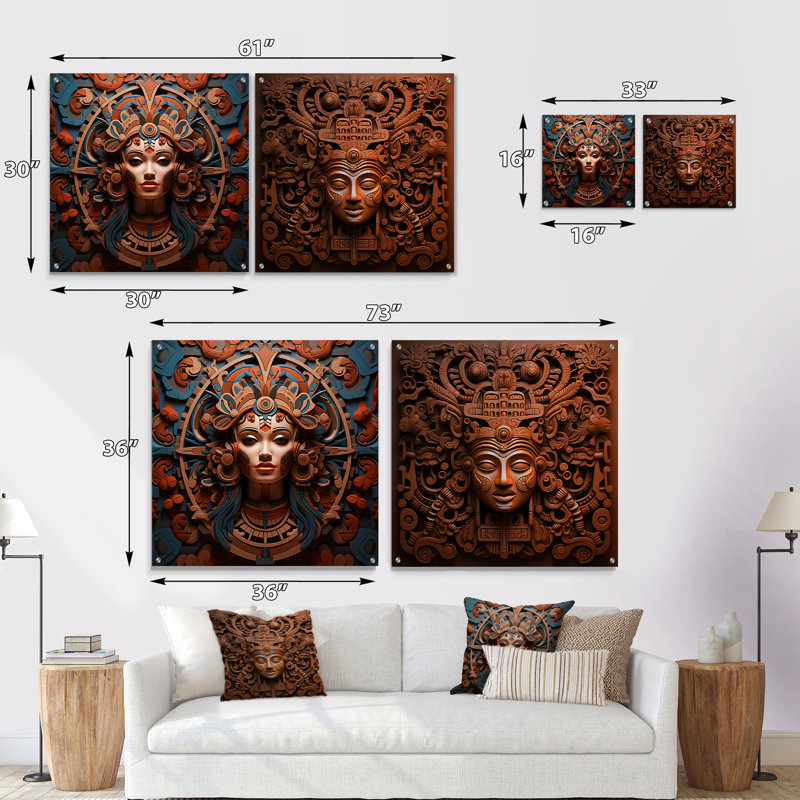 Mesoamérican Masque en terre cuite - Art mexicain acrylique ensemble d'art mural en verre de 2, H 16 po x l 33 po