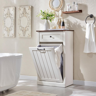 Meuble à linge basculant avec tiroir, meuble à déchets de style campagnard de 10 gallons avec tiroir, meuble à poubelle en bois dissimulé avec panier de rangement pour le linge pour salle de bain, cuisine, (blanc antique)