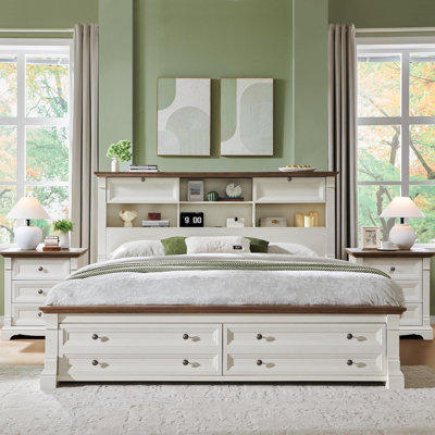 Farmhouse King Size Bed Frame, Storage Bed With Charging Station