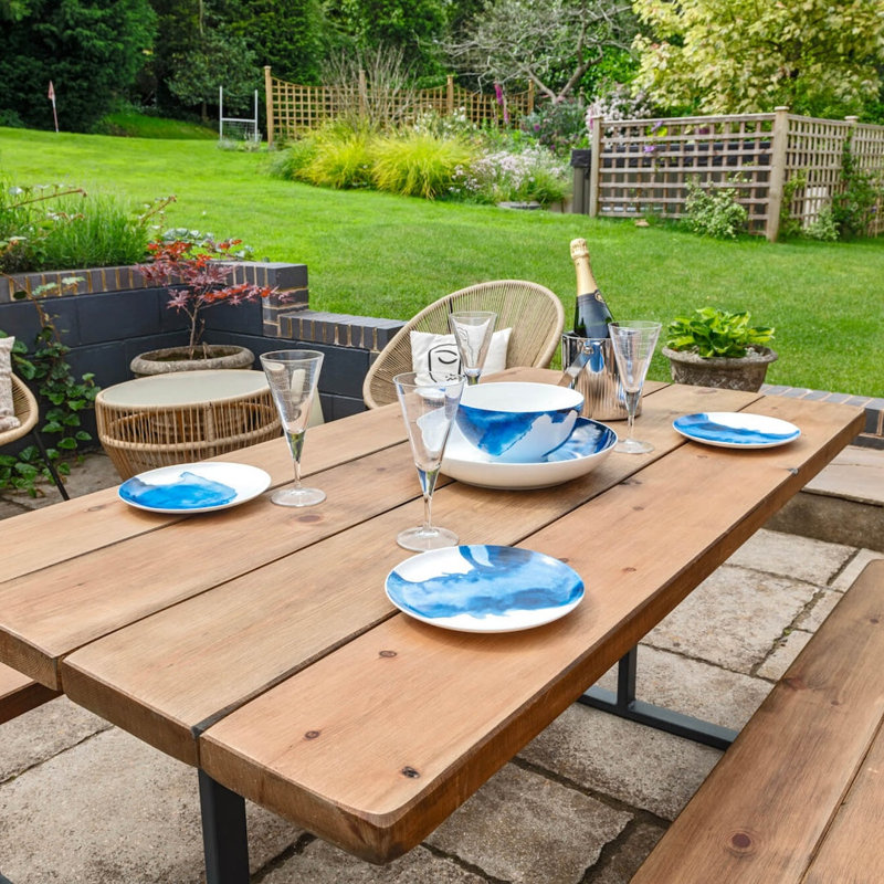 Rustic Outdoor Picnic Table with Fixed Benches - 210cm, 100cm H x 200cm W x 80 cm D