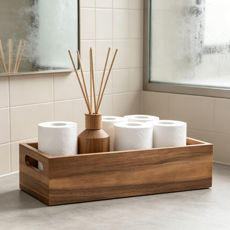Plateau de salle de bain en bois d'acacia naturel avec poignées pour articles de toilette et accessoires, 16,5 x 6 x 3,8 po