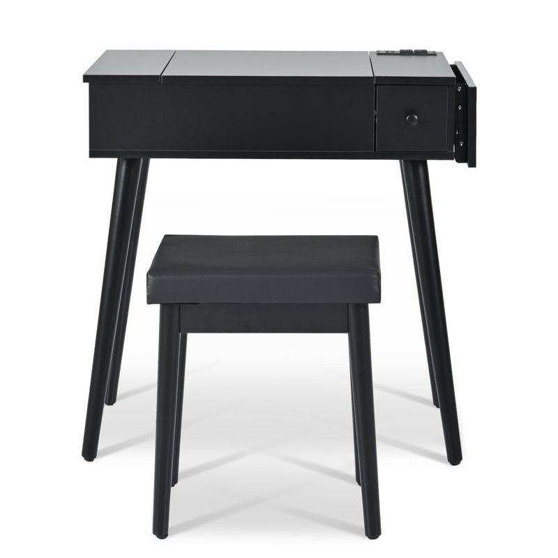 Bureau de coiffeuse noir avec 2 tiroirs, DEL, station de charge, panneau et tabouret rembourré pour la chambre à coucher, panneau de coiffeuse 27,9 po, station