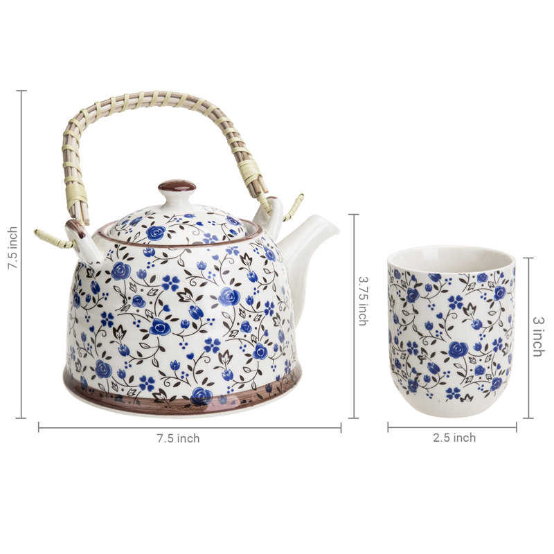 Jaeline 909 ml Roses Design Ceramic Floral Tea Set for 6 People, Blue/White/Brown