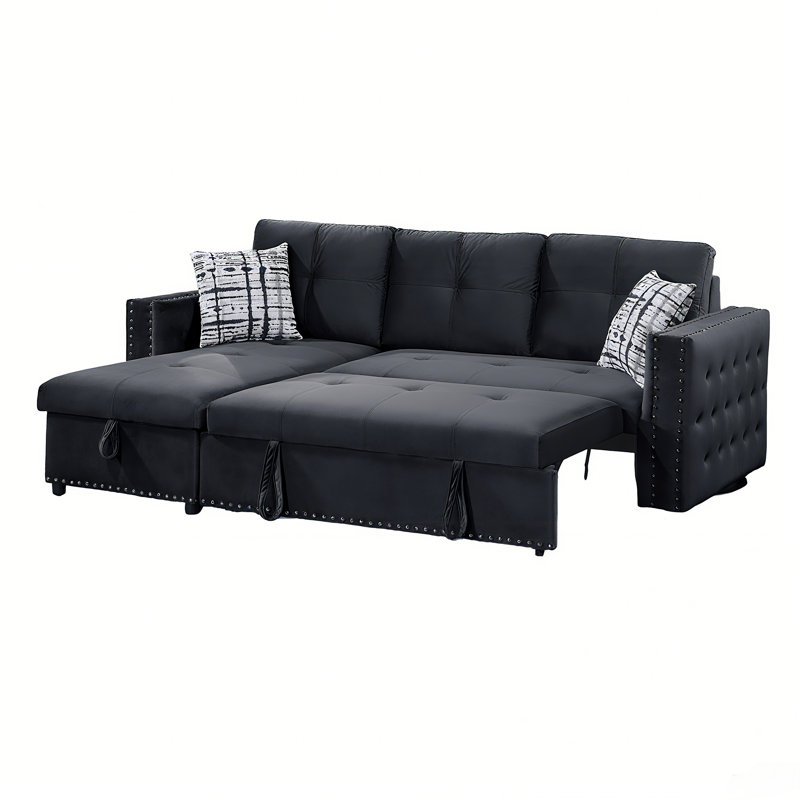 Canapé-lit modulaire en velours 90 po avec méridienne et rangement, canapé-lit escamotable, Noir
