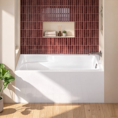 60 in W x 32 in D Acrylic Alcove Soaking Bathtub with Right Drain Textured Surface 3 Sided Tile Flange Chrome Drain Assembly White Acrylic Tub