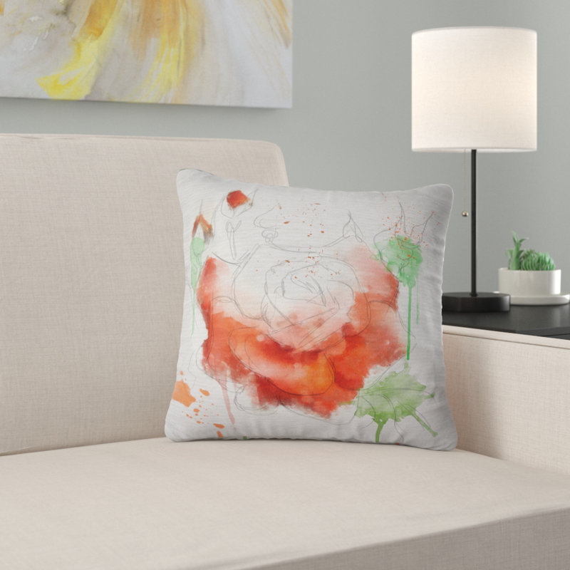 Aquarelle de rose rouge - coussin à imprimé floral, 18 po x 18 po, Coussin décoratif