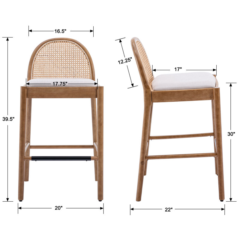 Beige 30-Inch Wood Bar Stools with Rattan Backrest, Set of 2