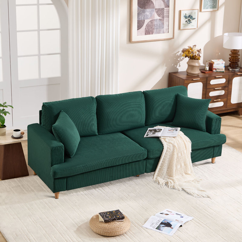 Corduroy Sofa Set with 2 Throw Pillows, Deep-Seated Upholstered Couch with Square Arms, Cosy Living, 3