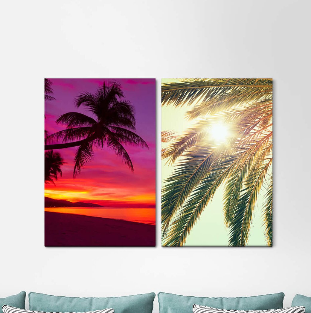 2-tlg. Leinwandbilder-Set - Fotografie „Palm Dream Beach Sunset Palm Leaf South Summer Red Sky”