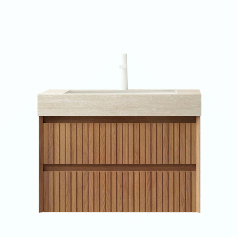 Meuble-lavabo flottant avec lavabo, armoire de rangement pré-assemblée en contreplaqué avec 2 tiroirs, comptoir en pierre frittée à motif de travertin Roma et lavabo en céramique encastré pour salle de bain