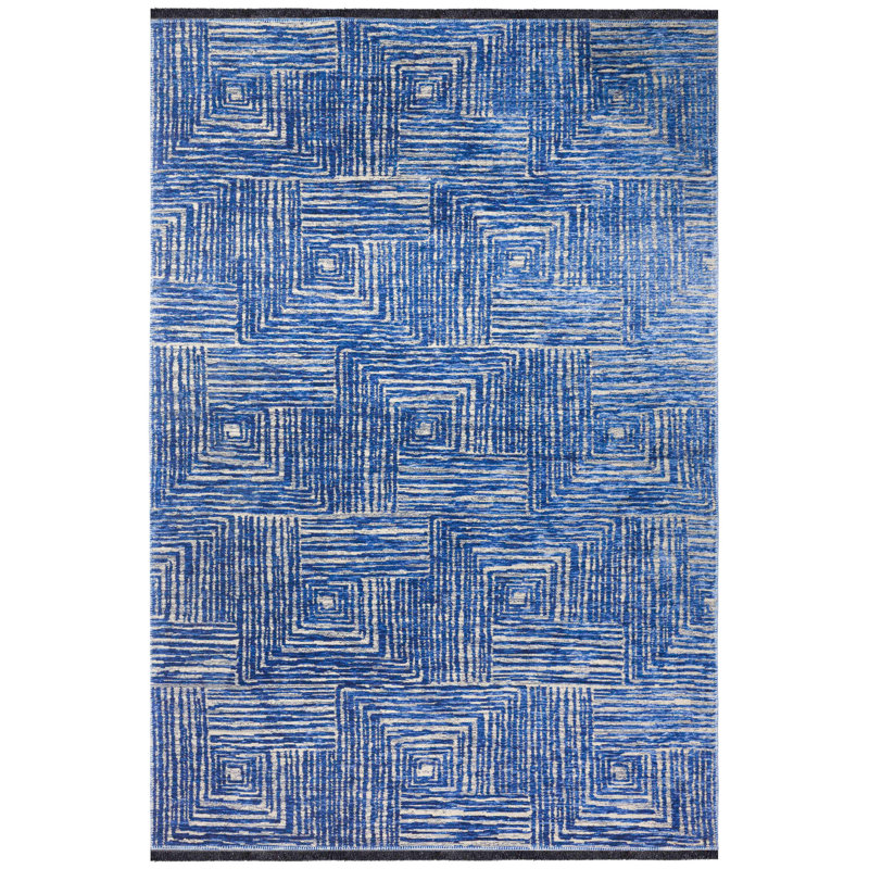 Tapis bleu en polyester / chenille tissé à la machine Passabe, Rectangle 6 pi 7 po x 9 pi 6 po