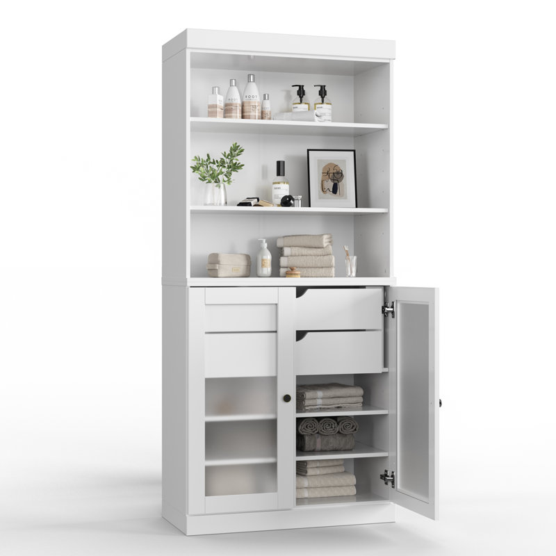 100% Solid Wood 32" Bathroom Cabinet with Frosted Glass Doors, 2-Drawers and Adjustable Shelves, White