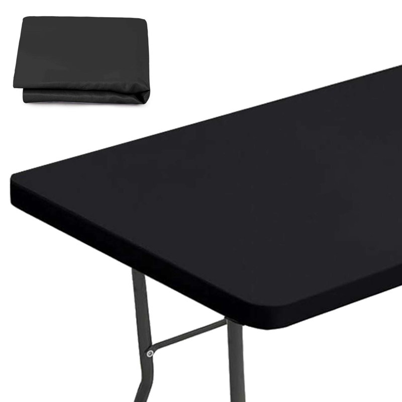 Rectangle Table Cloth Cover Waterproof Polyester Elastic Fitted Tablecloth for 6 Foot Tables, Black